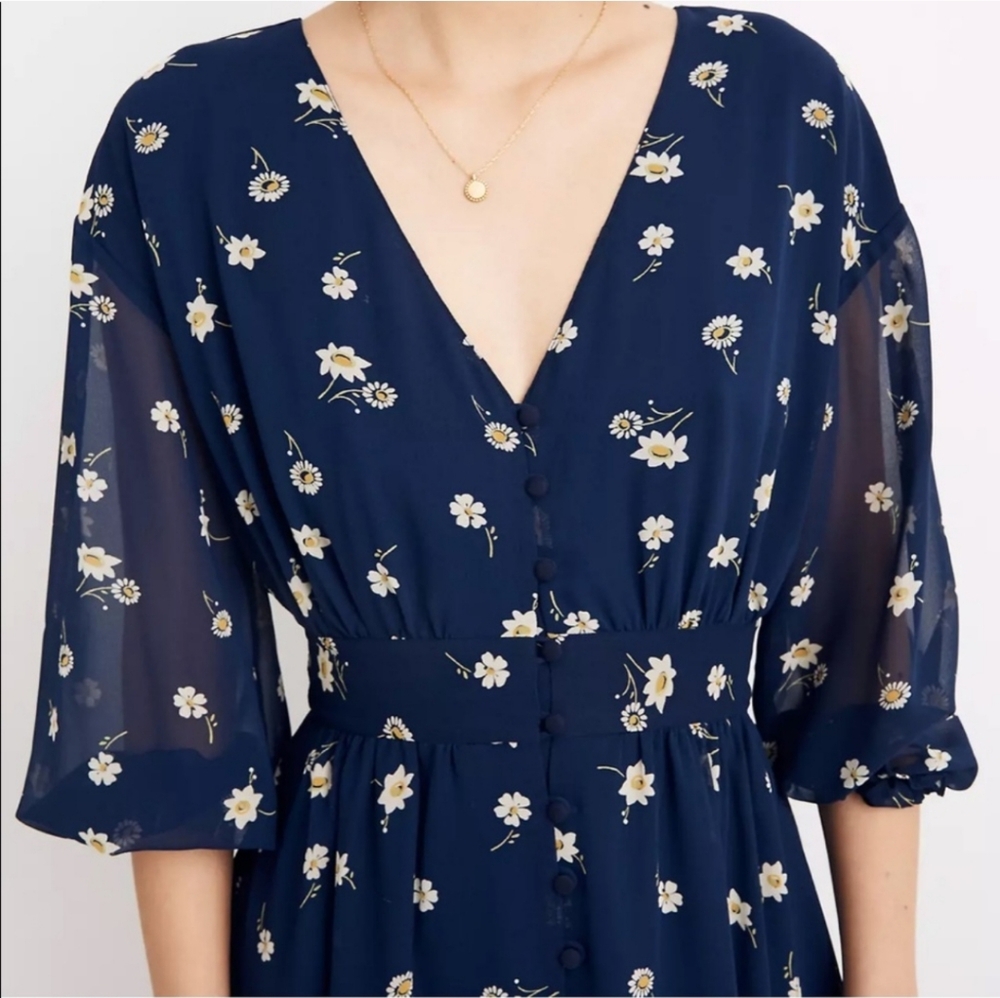 NWT Madewell Sheer Sleeve Button Front Midi Dress in Floral Heyday Print - Picture 3 of 4